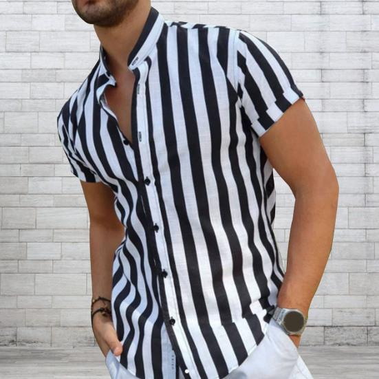 Men Shirt Stripe Contrast Color Stand Collar Single-breasted Summer Top for Work