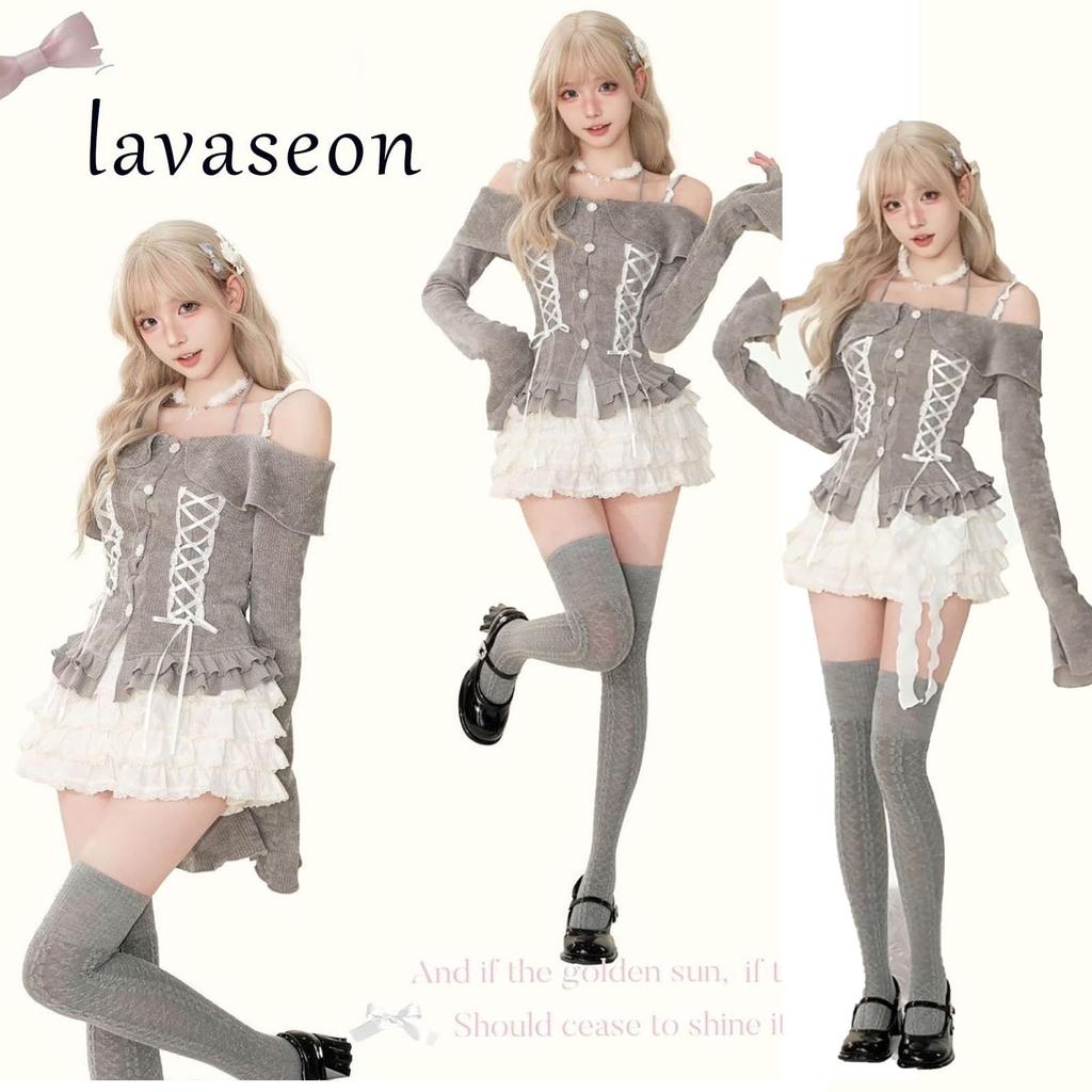 LAVASEON Cute Blouse for Sexy Ribbon Korean Tight Ruffled Long Princess Style Off-the-Shoulder Women, Top, Style, Knit, Fit, Button-Up,