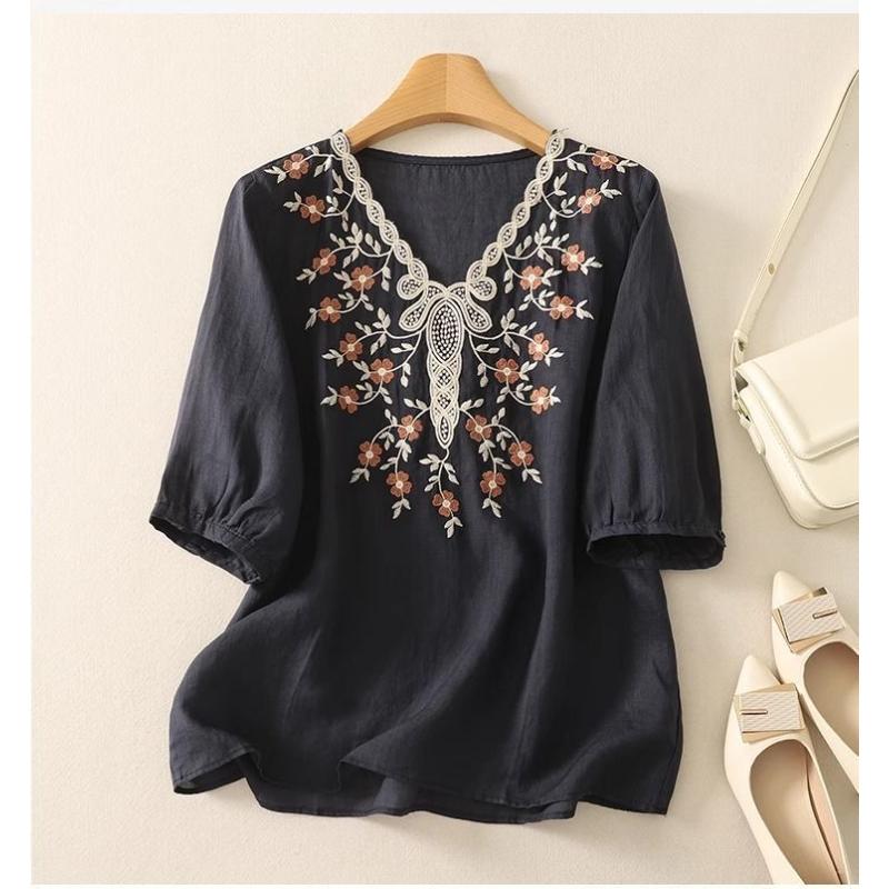 Blusa de Lino Blanca para Mujer Manga Corta Cuello en V Bordada Floral Top Casual