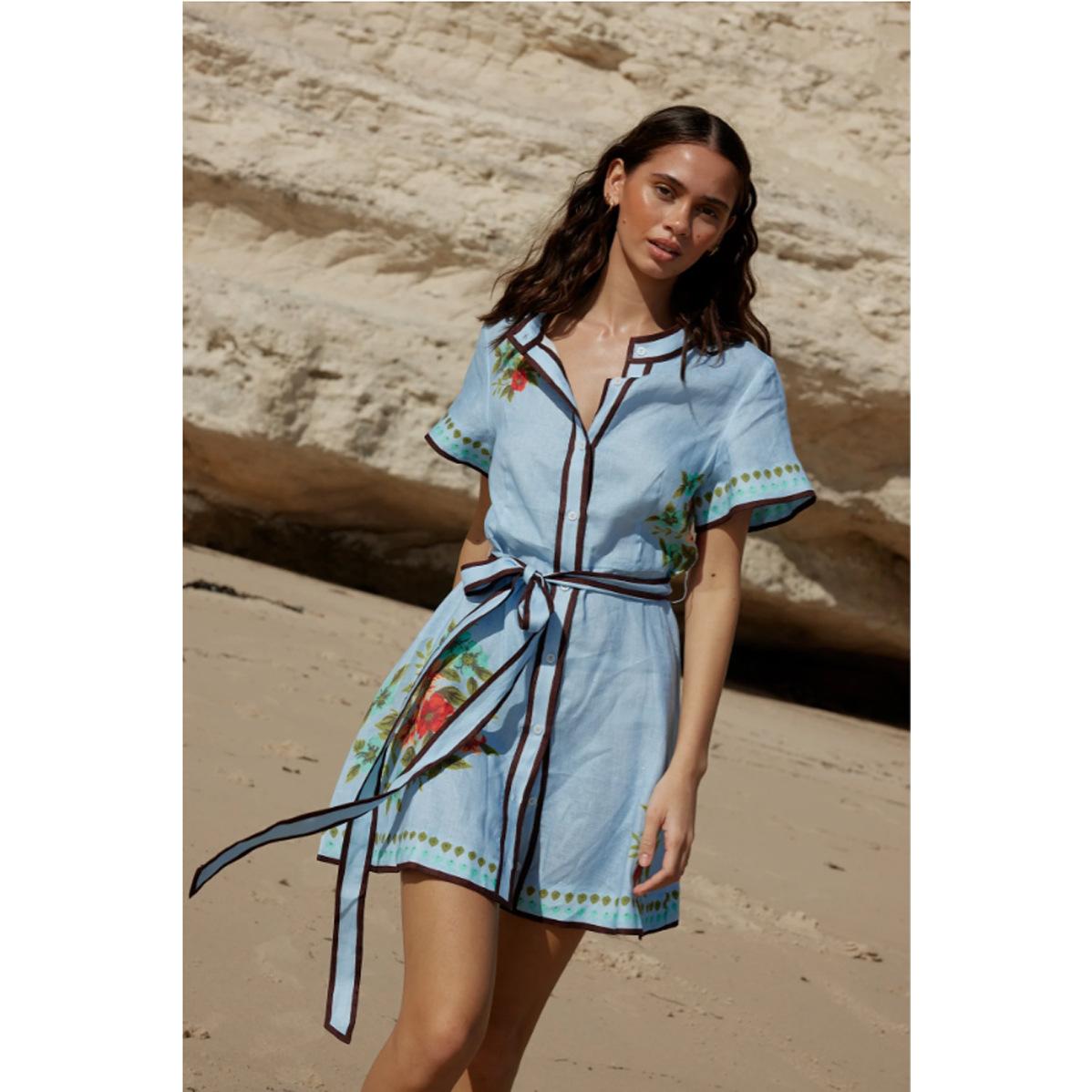 

Женское летнее мини-платье с цветочным принтом, платье-рубашка с коротким рукавом, сарафан А-силуэта на пуговицах с цветочным принтом для женщин, повседневное платье миди с завязкой на талии L светло-синий