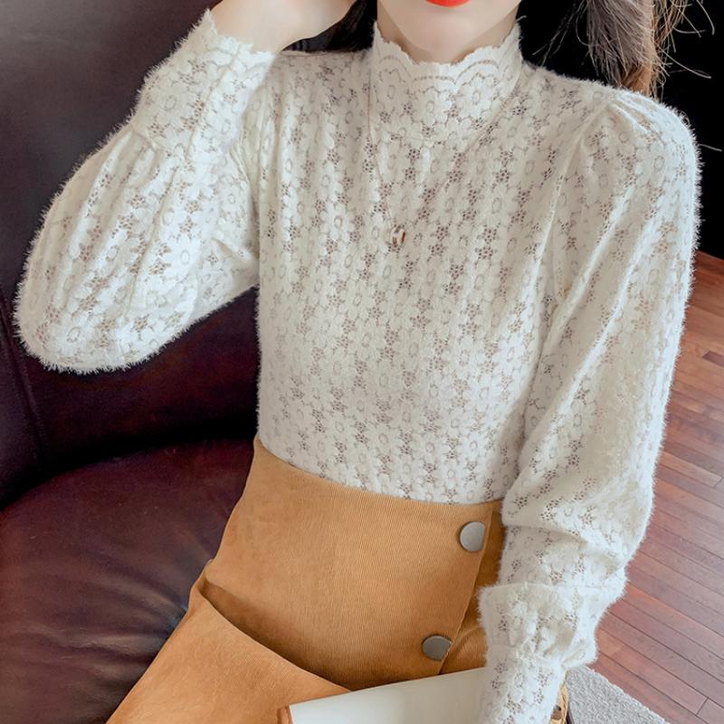 

Осенне-зимняя женская полая кружевная рубашка с длинным рукавом и высоким воротником M