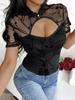 Women European American Sexy Mesh Perspective Hollow Out Stand Collar Short Sleeve Floral T Shirt