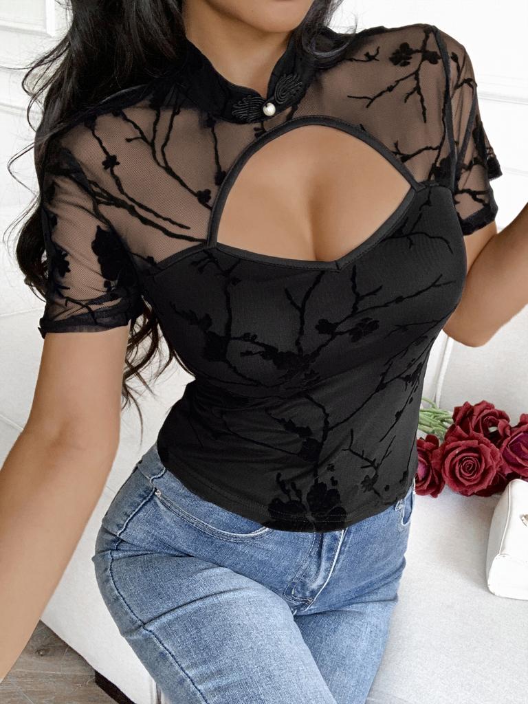 Women European American Sexy Mesh Perspective Hollow Out Stand Collar Short Sleeve Floral T Shirt