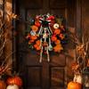 Halloween Wreath with Skeleton Pumpkin Maple Leaves and Twigs Artificial Floral Arrangement for Door Wall Decoration
