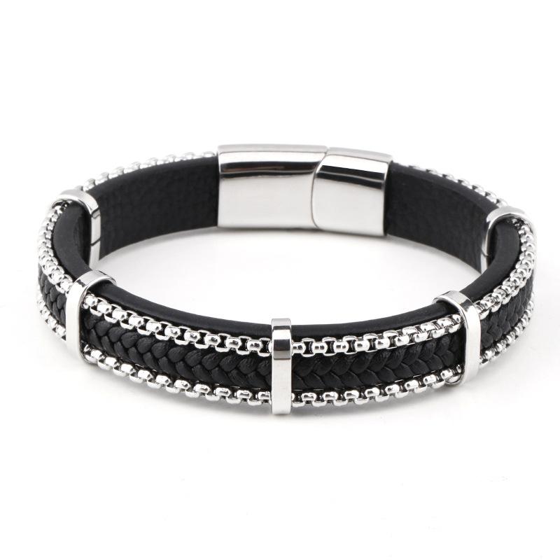 Herren-Armband aus Edelstahl, geflochtenes Lederarmband, modische Punk-Herrenarmbänder