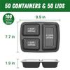 A25F-Reusable 32 Oz Meal Prep Containers 50 Pack 3-Compartment With Lids, To Go Take Out Plastic Food Storage