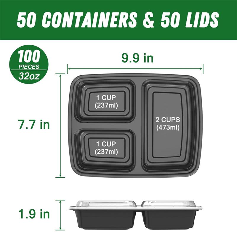 A25F-Reusable 32 Oz Meal Prep Containers 50 Pack 3-Compartment With Lids, To Go Take Out Plastic Food Storage