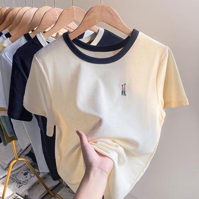 2025 Embroidered Apricot Cotton Women's Slim Waffle T-Shirt