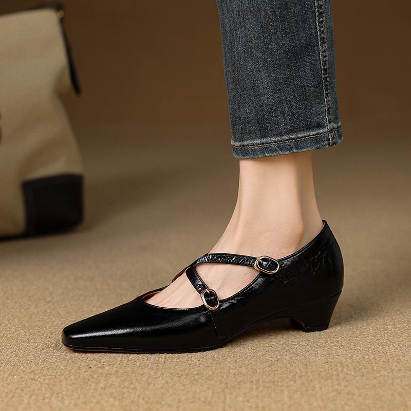 

Fashion 2025 NEW Spring/Autumn Women Pumps Genuine Leather Women Shoes square Toe Chunky Heel Shoes Concise Belt Buckle Mary Janes Shoes 34 чёрный