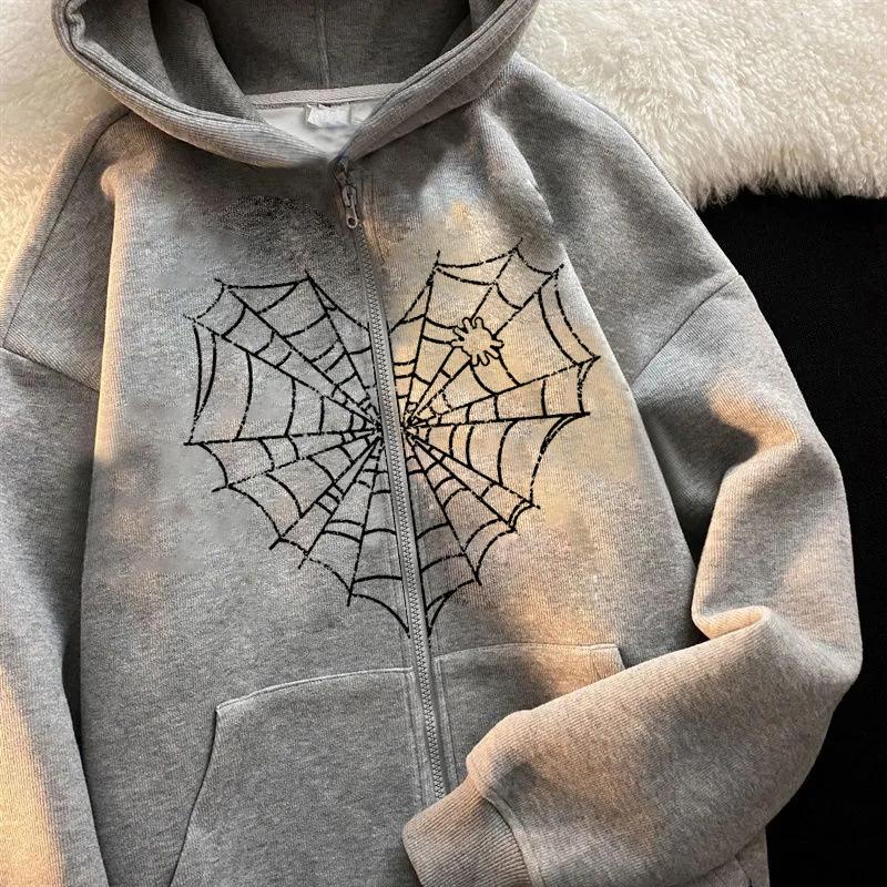Colored Spider Web Street Hip Hop Gothic Harajuku Y2k Black Zipper Hoodie Women, Harajuku Jacket Sweater Women