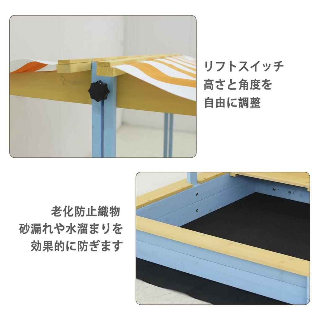 Covered Wooden Sandbox, Wooden Sandpit for Kids, Sand Play, Striped Roof with Sunshade, Adjustable Height, and Waterproof Sheet, Kids' Play Area,
