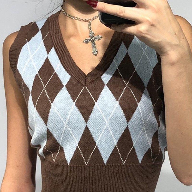 Holiday Autumn and Winter Personalized Fashion New Arrival Woolen Women's Clothing Sexy Plaid Color Contrast Short Sleeveless Vest Tops
