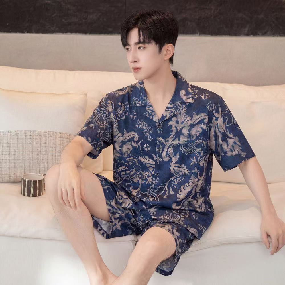 1011 New Men's Ice Silk Pajamas Printed Short Sleeve Shorts Two-piece Set, Large Size Loose