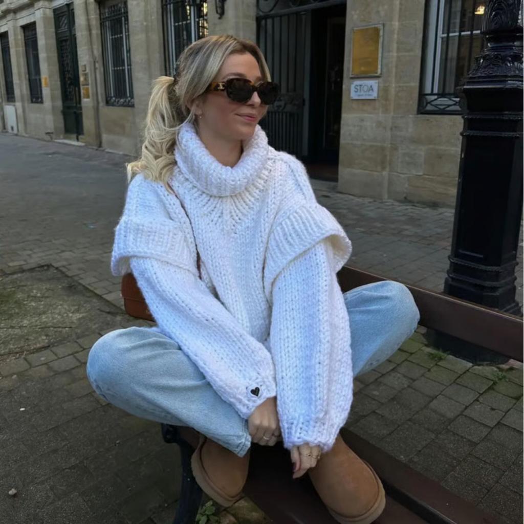 Autumn Winter Oversized Solid Color Thick Knit Turtleneck Split Sweater for Women European American Crossbody Casual Knit Top