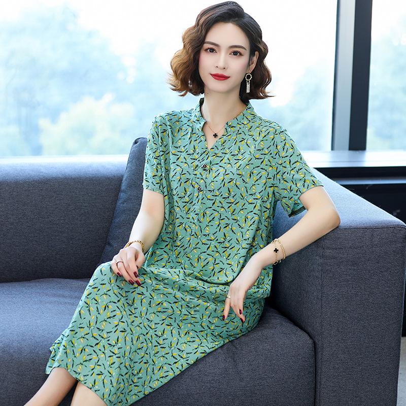 2024 Women's Floral Mid-Length Cotton Silk Slimming Plus Size Skirt Dress
