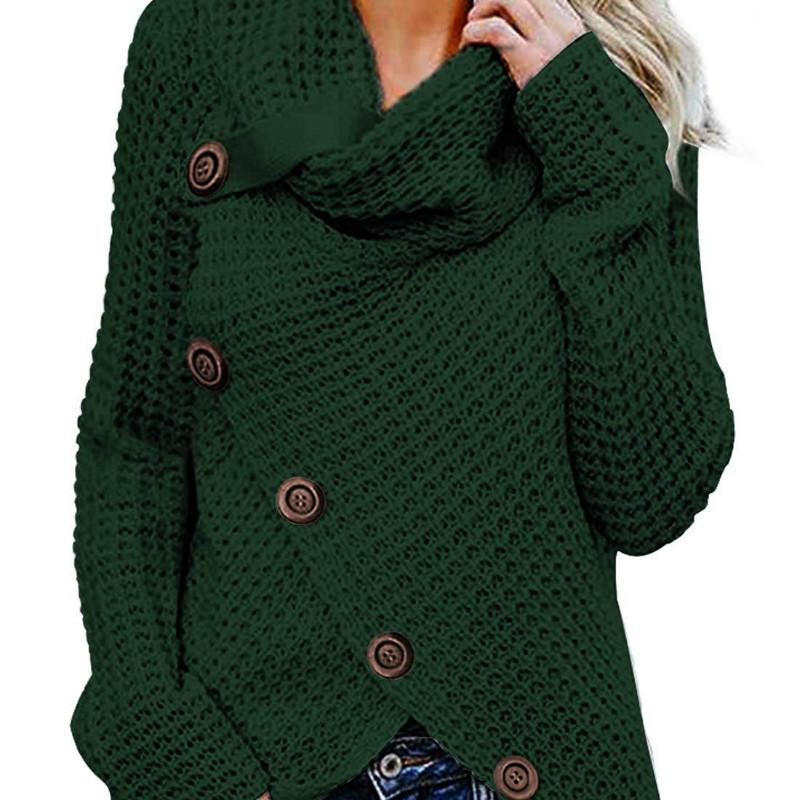 Damen-Strickpullover, Strickjacke, langärmelig, Knöpfe, lockere Pullover, Rollkragenpullover, unregelmäßiger Saum