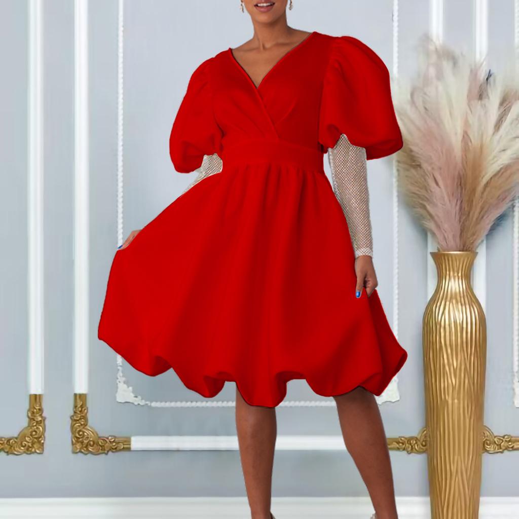 D495 Women's V-Neck Pendulum Bubble Sleeve Banquet Dress Bridesmaid Dress