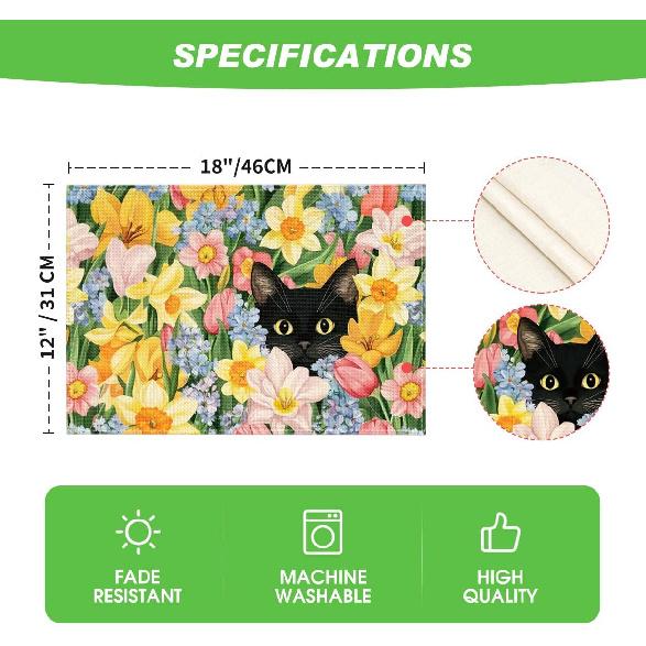 Artoid Mode Tulip Flowers Cat Spring Placemats Set of 4, 12x18 Inch Seasonal Summer Holiday Table Mats for Party Kitchen Dining Decoration
