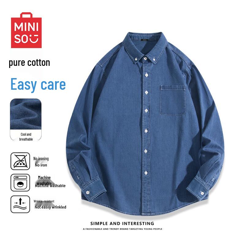 MINISO Men s Cotton Long-Sleeve Workwear Denim Shirt M