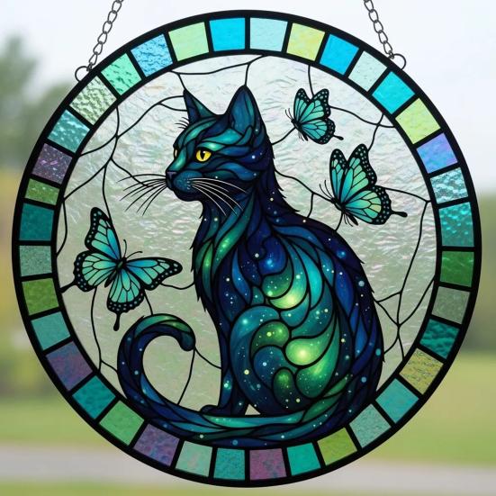 Katt Sommerfugl Solfanger Hengepynt Innendørs Utendørs Hjem Hage Vegg Vindu Henger Farget Glass Akryl Ornament Anheng Kjæledyrelskere Gaver