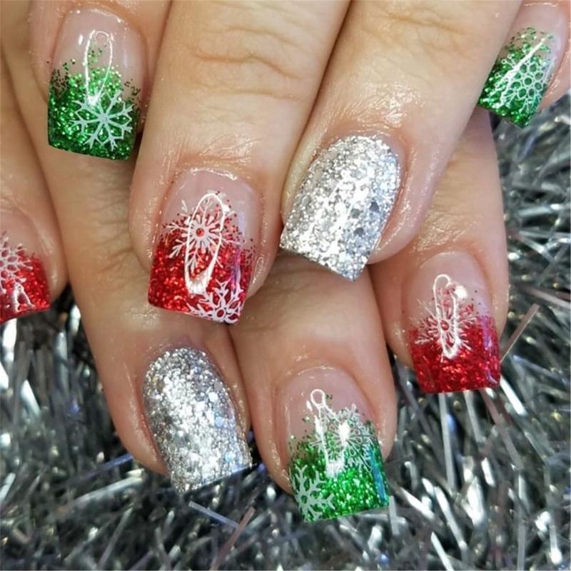 48 Pcs Glittering Artificial Nails False Nails with Christmas Tree Full Cover Stick on Nails Christmas Press On Nails 1