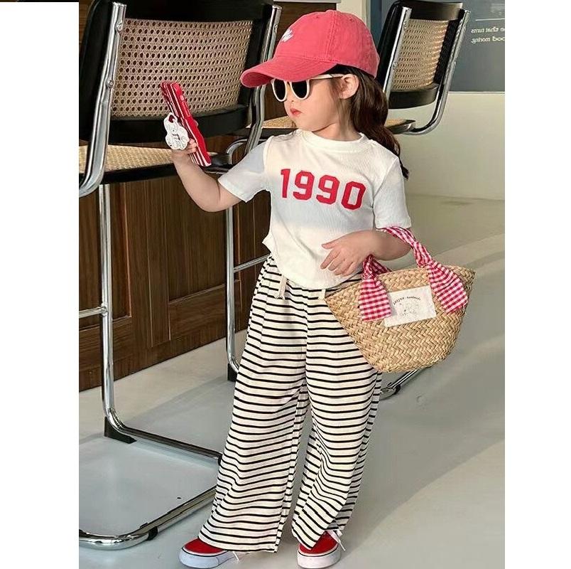 Girls' Summer Elegant Irregular Short Sleeved T-shirt with Striped Wide Leg Pants Korean Style Complete Set of Girls' Summer Set
