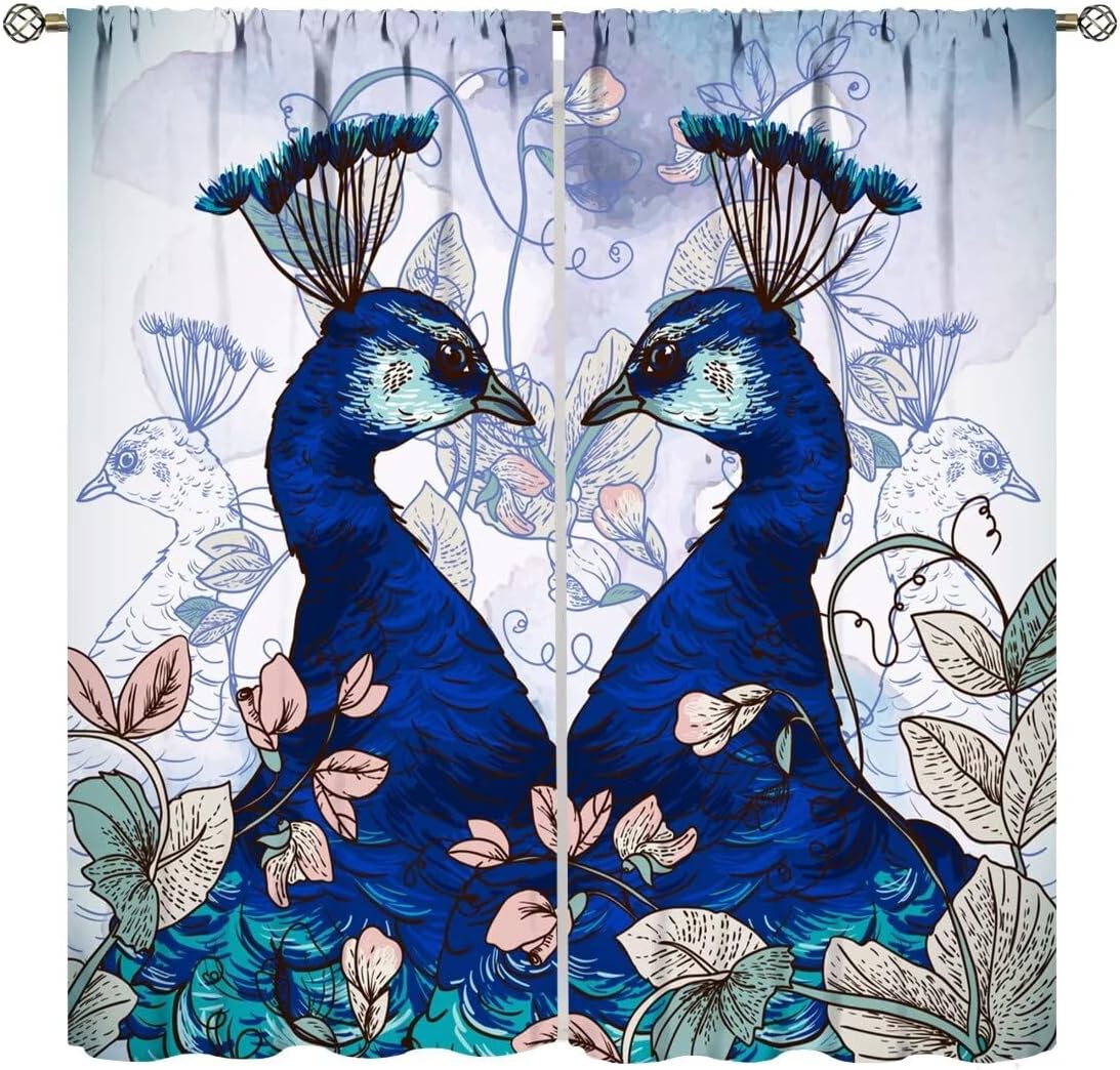 Peacock Curtains,Red Flower Beautiful Elegant Bird Oil Painting Style Blue Peacock Fabric Window Treatments for Bedroom 60×150cm