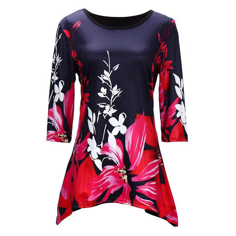 Plus Size Womens Asymmetric Floral Printed Short Sleeve Tunic Blouse For Summer Comfort