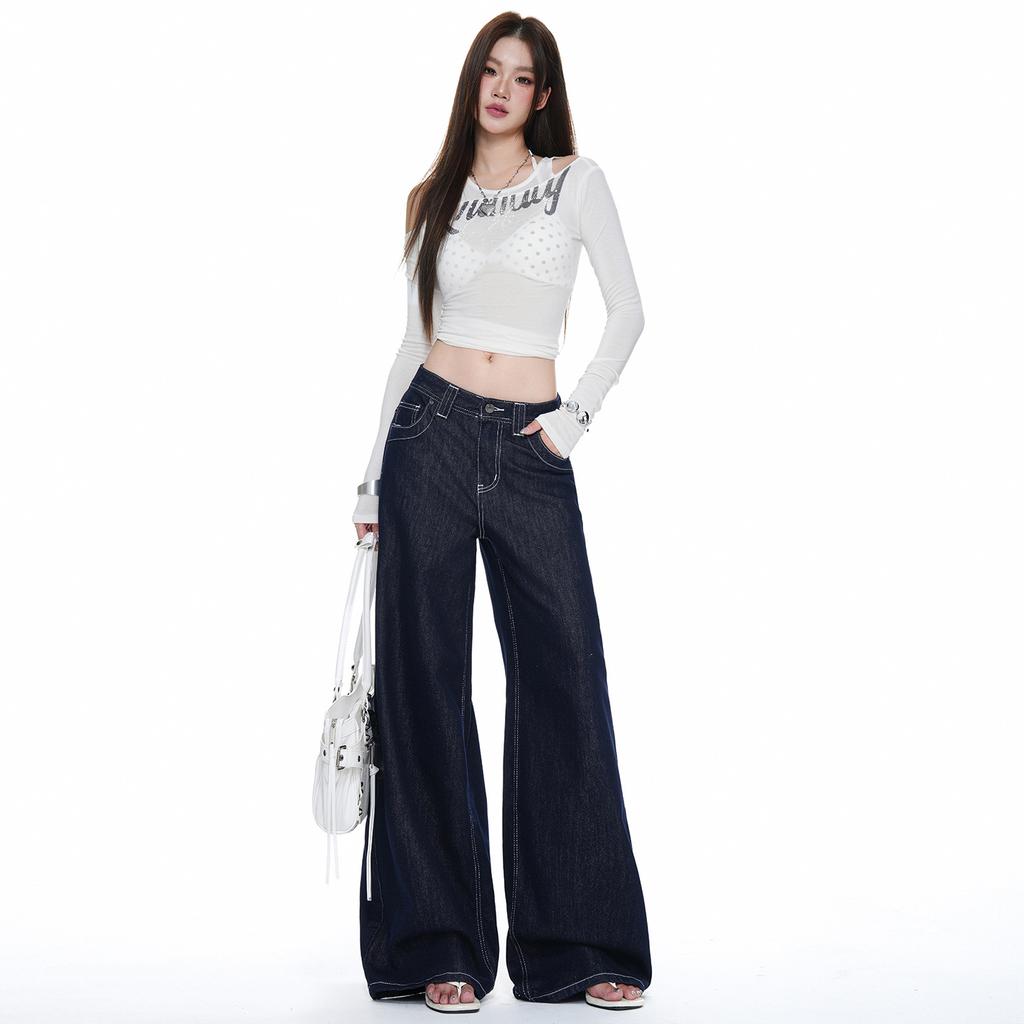 American retro wide-leg jeans women's autumn and winter new niche pocket design loose straight jeans