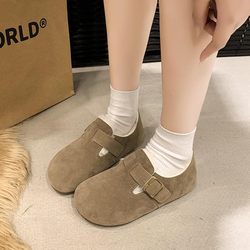 Fashion 2025 New Women Fashionable high-quality versatile Fur Flats Short Women Fashion Buckle Soft Sole Cotton Shoes Sued Warm Shoes