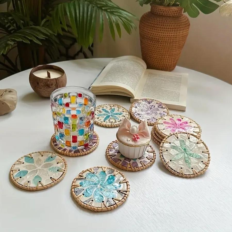 Handmade Rattan And Ceramic Shell Coasters Creative Colorful Round Coffee Table Mats Decor Bowl Mats For Home Decor