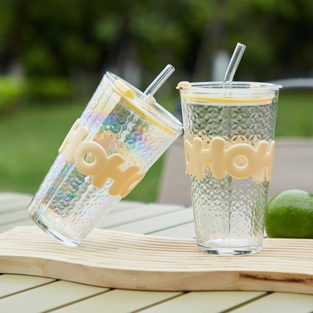Moderne Bunte Transparente Glas Tasse Große Kapazität Buchstaben Design Kaffeetasse Hoher Ästhetischer Wert Saftglas Heimgebrauch