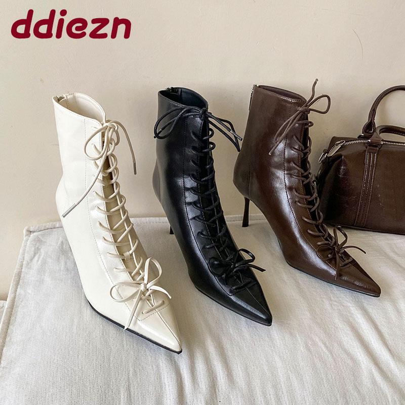 Modă Modă Cu Șireturi Glezna Dama Cizme Moderne Tocuri Subțiri Pantofi Vârf Ascuțit Elegant Femei Cizme Scurte Pantofi cu Tocuri Dama