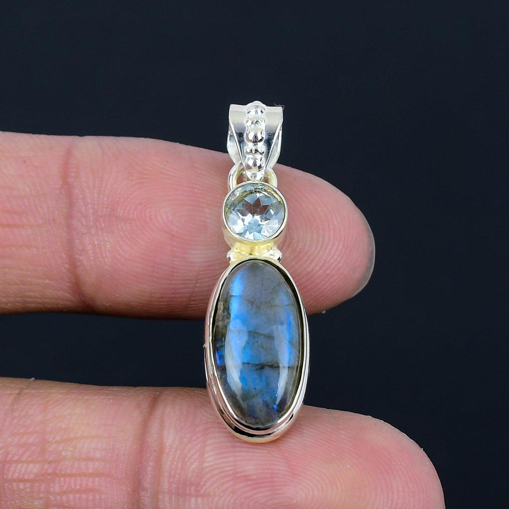 Natural Labradorite Gemstone Pendant, 925 Sterling Silver, Blue Topaz Gemstone, Handmade Pendant Jewelry Gift For Valentine's Day