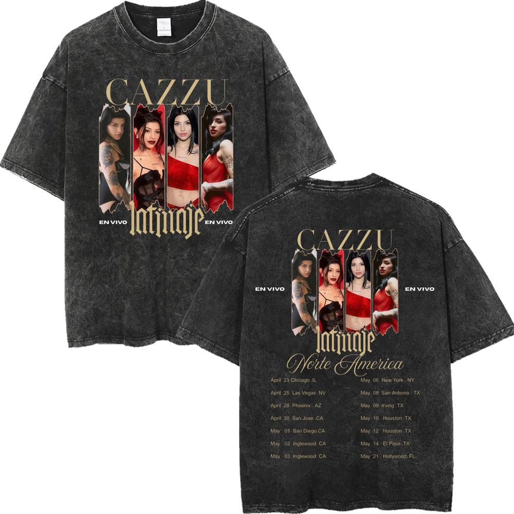 Vintage Washed Cazzu Latinaje Tour  Merch Tshirts Men Women Fashion Aesthetic Tshirt Summer Casual Loose Cotton T Shirts
