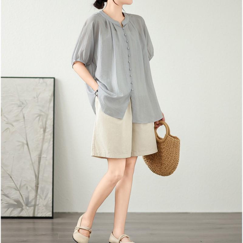 Johnature Summer Thin Simple Solid Color Women Tops Casual O-neck Short Sleeve Button Loose All Match Shirts