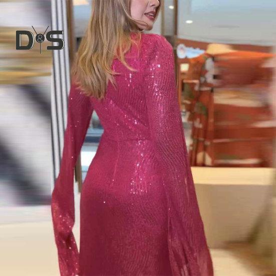 Kvinner aftenkjole Delte ermer Dyp V-hals Skinnende paljett Slim Fit Tight midjeknute Plissert Full lengde Ensfarget Lady Ball Bankett Maxikjole