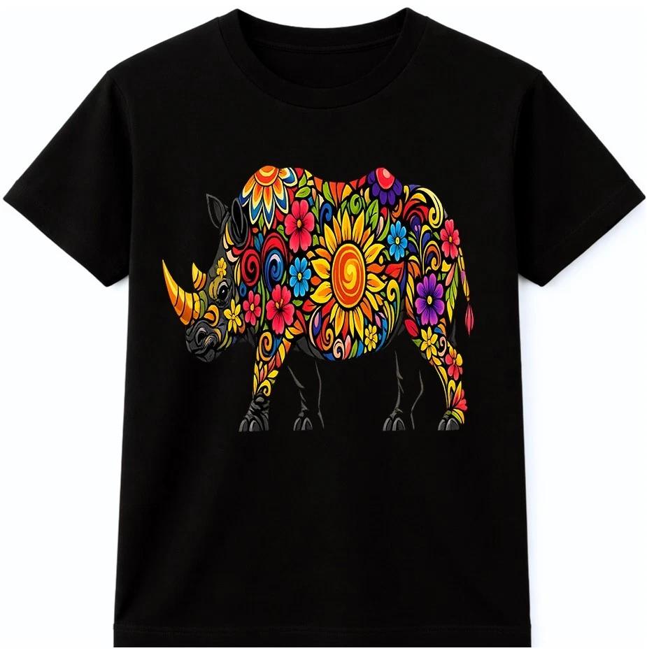 Rhino Floral T Shirt Psychedelic Rhinoceros Animal Art Graphic Tee XL