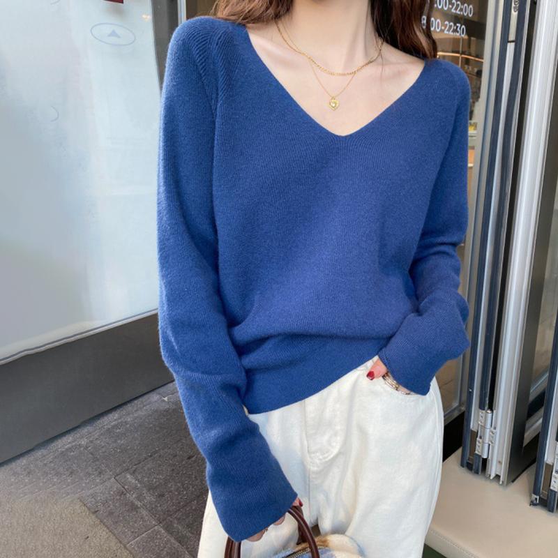 Ladies Autumn Winter Long Sleeve V Neck Loose Basic Solid Color Pullover Knitted T Shirt Top for Layering