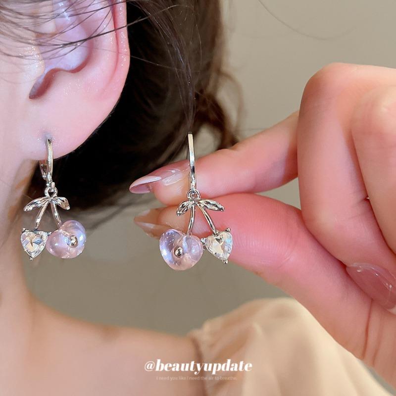 Girl sweet cool style ins love cherry pendant ear buckle sweet cute design earrings daily versatile accessories