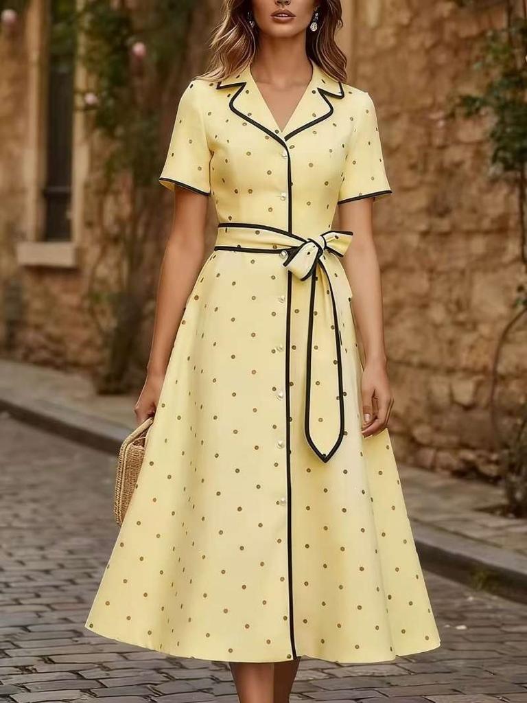 French temperament V-neck tie-up polka dot dress children's summer new waist and thin temperament dress