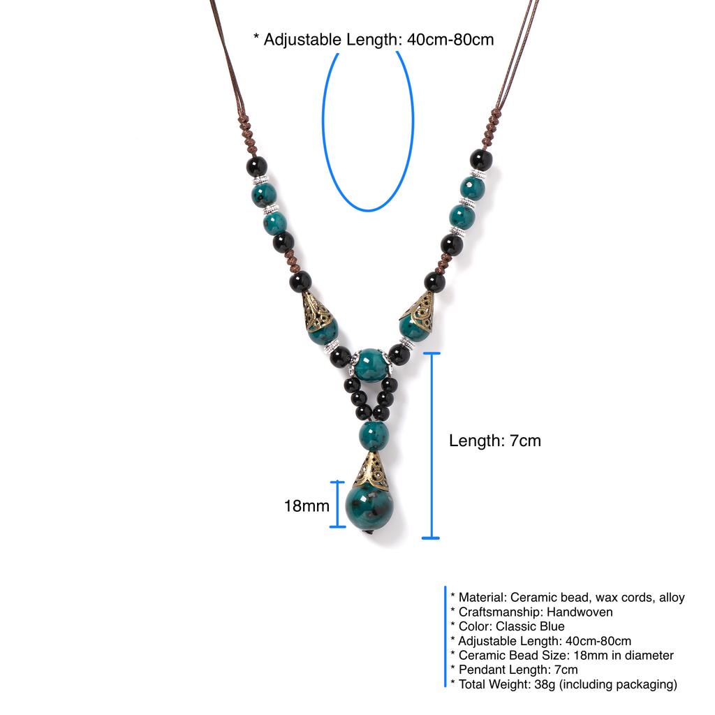 Handmade Blue Ceramic Bead Necklace Adjustable Wax Cord Boho Jewelry with 7cm Pendant Vintage Gift for Women 1126
