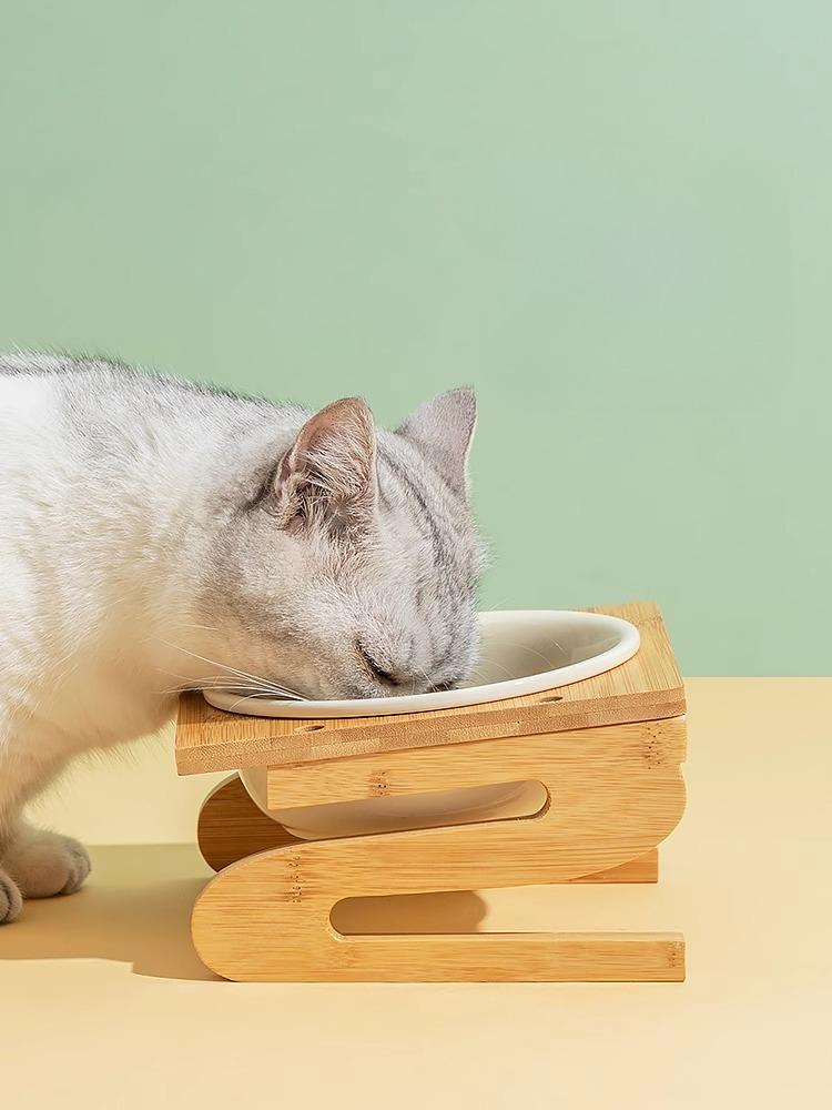 Tilted Ceramic Pet Bowl Bamboo Wood Stand Neck Protection Anti Spill Food Water Dish for Corgi Small Dogs Cats