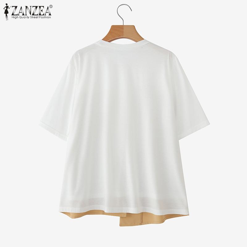 ZANZEA Women Casual Round Neck Summer Short Sleeve Patchwork Blouse