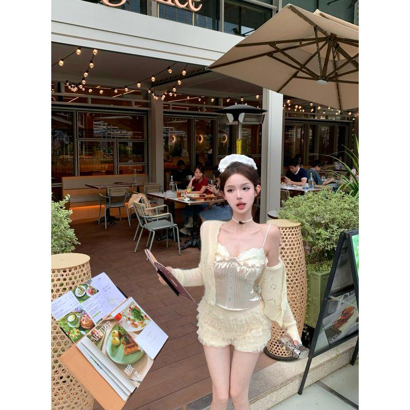 Kumikumi Pure Desire Set Hollow out Knit cardigan Women Inner wear Cami Autumn Lace Shorts Three-Piece Set