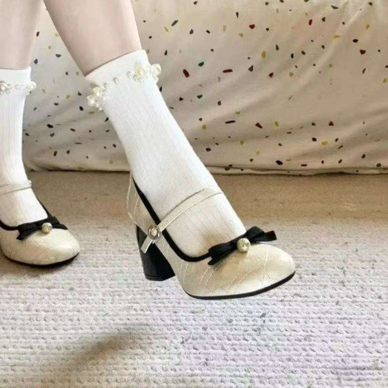 Bow Small Fragrant Style High Heel Mary Jane Shoes Women's 2025 New Spring Pearl Square Head Temperament Thick Heel Single Shoes