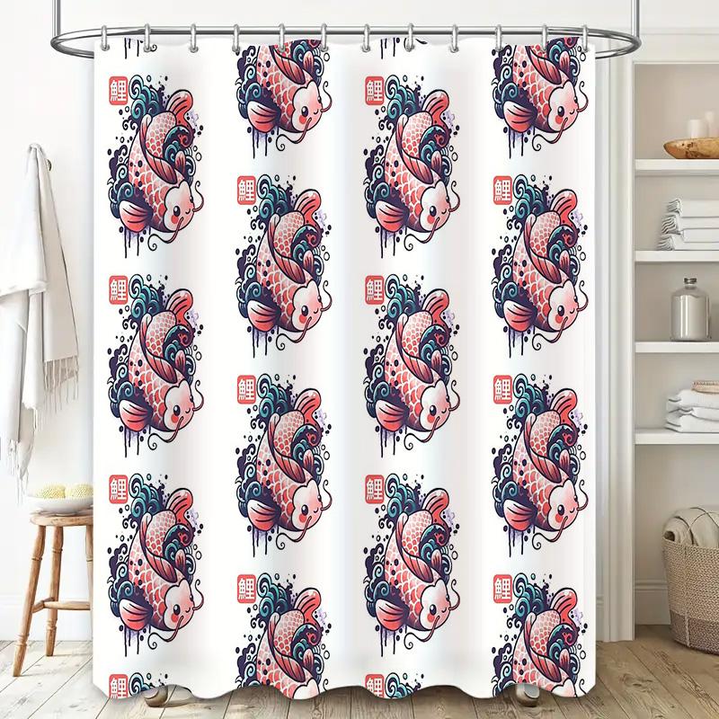 Unframed Japanese Koi Fish Shower Curtain Ocean Wave Pattern Bathroom Decor Waterproof Fabric Liner Vintage Artistic Home Textil