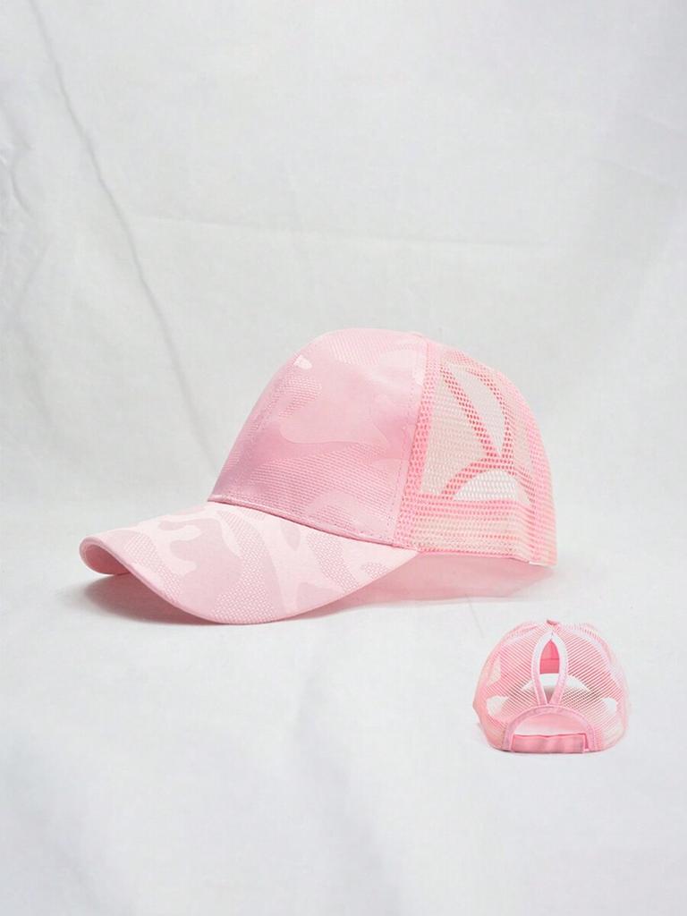 Pink Camouflage Breathable Lightweight Ponytail Baseball Cap With Mesh Back Sunshade