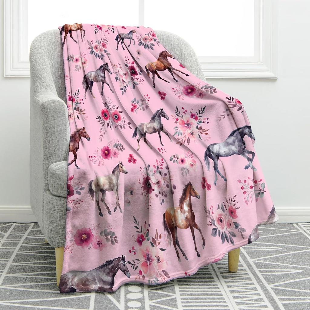 Couverture de Cheval Cadeaux Animaux Rose Floral Imprimé Fleur Cadeau Décor Maison Canapé Canapé Jeté Peluche Doux Confortable pour Enfants Adultes 50x60 pouces
