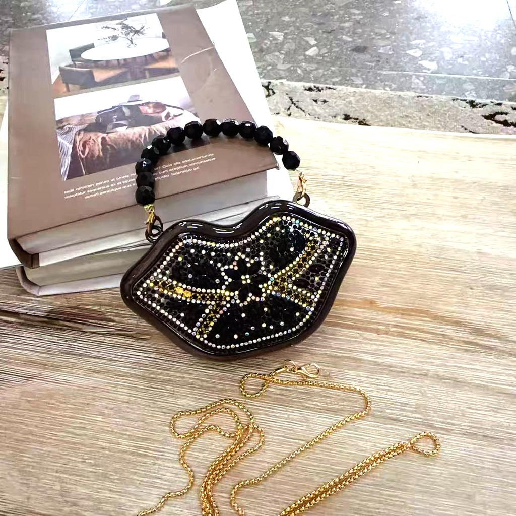 Mini Metal Lip Clutch Bag With Chain And Rhinestones For Evening Parties
